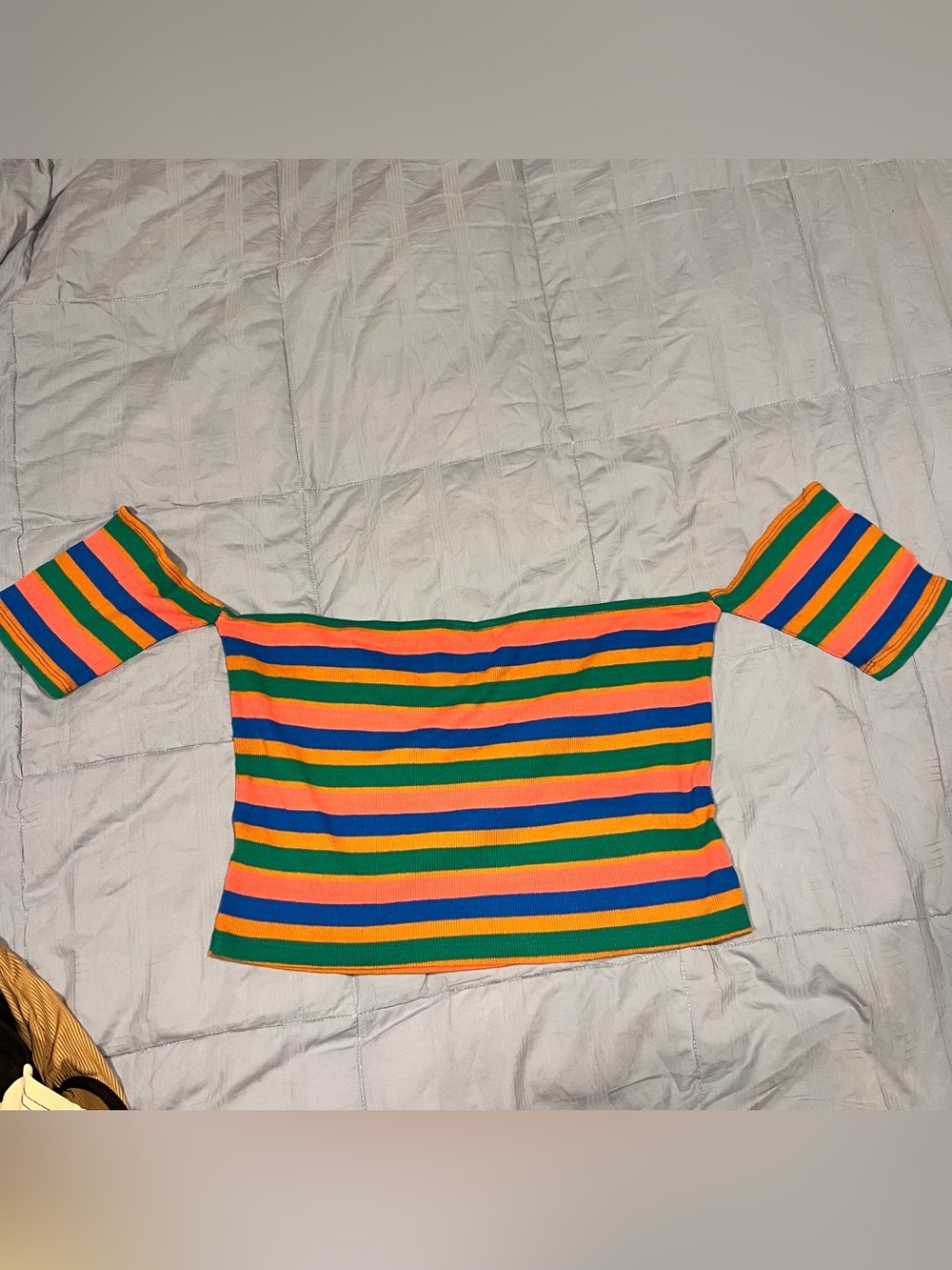 bp Off-Shoulder Crop Top in Green, Orange, Pink & Blue